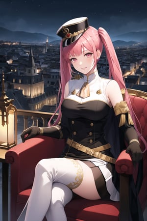 elbow gloves, white skirt, miniskirt, skirt, white_thighhigh_boots,military_uniform,military_hat,white_elbow_gloves,sleeveless ,no_sleeves,shoulder_cape,looking at viewer, city, night, sky, (intricately detailed, hyperdetailed), burning building background,depth of field, best quality, masterpiece, intricate details, tonemapping, sharp focus, hyper detailed, trending on Artstation,1 girl, high res, official art,evil smile,sitting_down,crossed_legs_(sitting),sitting_on_chair,hilda_valentine_goneril, pink hair, long hair, pink eyes, twintails, jewelry 