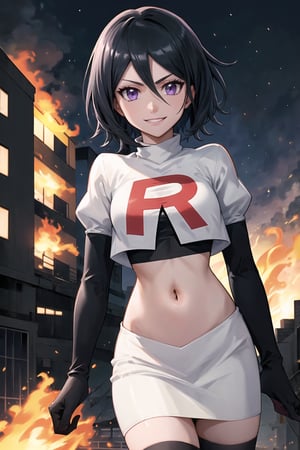 Team Rocket, cropped jacket, white jacket, crop top, jacket, gloves, black gloves, elbow gloves, navel, midriff, white skirt, miniskirt, skirt, black thighhigh boots,military_uniform,looking at viewer, city, night, sky, (intricately detailed, hyperdetailed), burning building background,depth of field, best quality, masterpiece, intricate details, tonemapping, sharp focus, hyper detailed, trending on Artstation,1 girl, high res, official art,evil smile,Rukia, black hair, short hair, hair between eyes, purple eyes