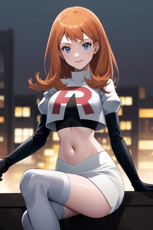 Team Rocket, cropped jacket, white jacket, crop top, jacket, gloves, black gloves, elbow gloves, navel, midriff, white skirt, miniskirt, skirt, black thighhighs,military_uniform,looking down at viewer, china, asiática, city, night, sky, (intricately detailed, hyperdetailed), blurry background,depth of field, best quality, masterpiece, intricate details, tonemapping, sharp focus, hyper detailed, trending on Artstation,1 girl, high res, official art,evil smile,crossed_legs_(sitting),annette_war,orange_hair,long_hair