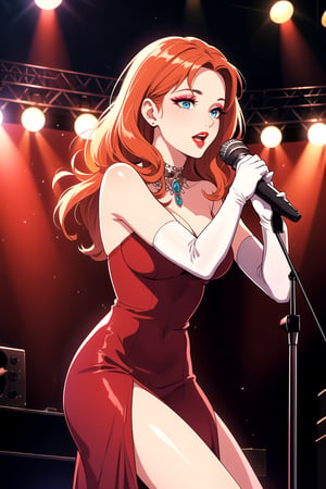 best quality,4k,8k,highres,masterpiece:1.2),ultra-detailed,(realistic,photorealistic,photo-realistic:1.37), vibrant colors, stage spotlight, vintage microphone, elegant hair, graceful pose, dynamic atmosphere, stylish interior, classic jazz era vibes, captivating performance, soulful expression, animated jazz band, rhythmic music, passionate singing, microphone stand, energetic crowd, glamorous ambiance, seamless visual composition, enchanting red lighting, annette_war, in a red dress, blue eyes, orange hair, long hair, long white elbow gloves, wearing red lipstick, wearing light purple eye shadow, wearing makeup, holding old 1920s microphone, jazz club background, singing