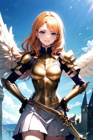 golden_armour,angel_wings,flying,holding_sword,shoulder_armour,Valkyare_armour,heroine,elbow gloves, white skirt,miniskirt, skirt,long white elbow gloves,sleeveless ,no_sleeves,looking at viewer, day sky, (intricately detailed, hyperdetailed), castle building background,depth of field, best quality, masterpiece, intricate details, tonemapping, sharp focus, hyper detailed, trending on Artstation,1 girl, high res, official art, smile,hands_on_hips,light_blue_eyes,warAnne, long hair, wavy hair,orange_hair