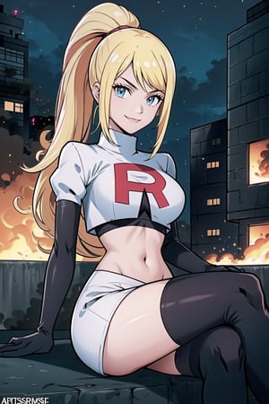 Team Rocket, cropped jacket, white jacket, crop top, jacket, gloves, black gloves, elbow gloves, navel, midriff, white skirt, miniskirt, skirt, black thighhigh boots,military_uniform,looking at viewer, city, night, sky, (intricately detailed, hyperdetailed), burning building background,depth of field, best quality, masterpiece, intricate details, tonemapping, sharp focus, hyper detailed, trending on Artstation,1 girl, high res, official art,evil smile,sitting_down,crossed_legs_(sitting),samus aran,ponytail, hair tie,blond_hair,blue_eyes