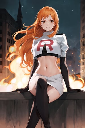 Team Rocket, cropped jacket, white jacket, crop top, jacket, gloves, black gloves, elbow gloves, navel, midriff, white skirt, miniskirt, skirt, black thighhigh boots,military_uniform,looking at viewer, city, night, sky, (intricately detailed, hyperdetailed), burning building background,depth of field, best quality, masterpiece, intricate details, tonemapping, sharp focus, hyper detailed, trending on Artstation,1 girl, high res, official art,evil smile,crossed_legs_(sitting),namipostn,orange_hair,brown_eyes,long_hair,nami \(one piece\)