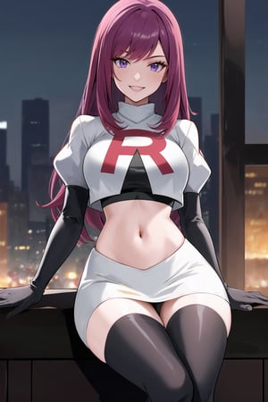 Team Rocket, cropped jacket, white jacket, crop top, jacket, gloves, black gloves, elbow gloves, navel, midriff, white skirt, miniskirt, skirt, black thighhigh boots,military_uniform,looking down at viewer, china, asiática, city, night, sky, (intricately detailed, hyperdetailed), blurry background,depth of field, best quality, masterpiece, intricate details, tonemapping, sharp focus, hyper detailed, trending on Artstation,1 girl, high res, official art,evil smile,crossed_legs_(sitting),IVY FE,purple_eyes,purple_hair