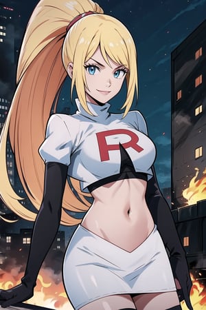 Team Rocket, cropped jacket, white jacket, crop top, jacket, gloves, black gloves, elbow gloves, navel, midriff, white skirt, miniskirt, skirt, black thighhigh boots,military_uniform,looking at viewer, city, night, sky, (intricately detailed, hyperdetailed), burning building background,depth of field, best quality, masterpiece, intricate details, tonemapping, sharp focus, hyper detailed, trending on Artstation,1 girl, high res, official art,evil smile,samus aran,ponytail, hair tie,blond_hair,blue_eyes