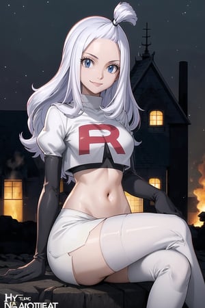 Team Rocket, cropped jacket, white jacket, crop top, jacket, gloves, black gloves, elbow gloves, navel, midriff, white skirt, miniskirt, skirt, black thighhigh boots,military_uniform,looking at viewer, city, night, sky, (intricately detailed, hyperdetailed), burning building background,depth of field, best quality, masterpiece, intricate details, tonemapping, sharp focus, hyper detailed, trending on Artstation,1 girl, high res, official art,evil smile,sitting_down,crossed_legs_(sitting),mirajanestrauss, long hair, blue eyes, white hair, forehead,hair_tie