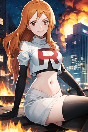 Team Rocket, cropped jacket, white jacket, crop top, jacket, gloves, black gloves, elbow gloves, navel, midriff, white skirt, miniskirt, skirt, black thighhigh boots,military_uniform,looking at viewer, city, night, sky, (intricately detailed, hyperdetailed), burning building background,depth of field, best quality, masterpiece, intricate details, tonemapping, sharp focus, hyper detailed, trending on Artstation,1 girl, high res, official art,evil smile,crossed_legs_(sitting),namipostn,orange_hair,brown_eyes,long_hair,nami \(one piece\)