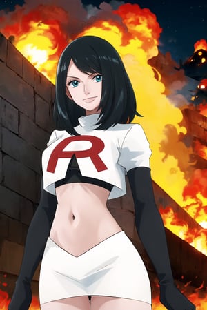 Team Rocket, cropped jacket, white jacket, crop top, jacket, gloves, black gloves, elbow gloves, navel, midriff, white skirt, miniskirt, skirt, black thighhigh boots,military_uniform,looking at viewer, city, night, sky, (intricately detailed, hyperdetailed), burning building background,depth of field, best quality, masterpiece, intricate details, tonemapping, sharp focus, hyper detailed, trending on Artstation,1 girl, high res, official art,evil smile,nicorob,  black_hair,blue_eyes