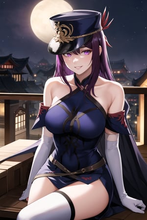 elbow gloves, white skirt, miniskirt, skirt, black thighhigh boots,military_uniform,military_hat,long white elbow gloves,sleeveless ,no_sleeves,shoulder_cape,looking at viewer, china, asiática, city, night, sky, (intricately detailed, hyperdetailed), blurry background,depth of field, best quality, masterpiece, intricate details, tonemapping, sharp focus, hyper detailed, trending on Artstation,1 girl, high res, official art,evil smile,crossed_legs_(sitting),IVY FE,purple_eyes,purple_hair