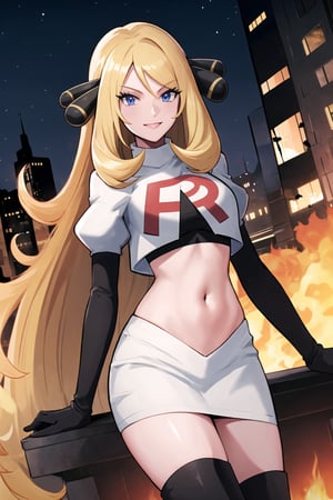 Team Rocket, cropped jacket, white jacket, crop top, jacket, gloves, black gloves, elbow gloves, navel, midriff, white skirt, miniskirt, skirt, black thighhigh boots,military_uniform,looking at viewer, city, night, sky, (intricately detailed, hyperdetailed), burning building background,depth of field, best quality, masterpiece, intricate details, tonemapping, sharp focus, hyper detailed, trending on Artstation,1 girl, high res, official art,evil smile,salute,defCynthia, very long hair, hair ornament