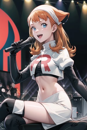 Team Rocket, cropped jacket, white jacket, crop top, jacket, gloves, black gloves, elbow gloves, navel, midriff, white skirt, miniskirt, skirt, black thighhigh boots,looking at viewer, (intricately detailed, hyperdetailed),holding_microphone,singing,on_stage ,concert background,depth of field, best quality, masterpiece, intricate details, tonemapping, sharp focus, hyper detailed, trending on Artstation,1 girl, high res, official art,evil smile,crossed_legs_(sitting), annette_war,orange_hair,long_hair