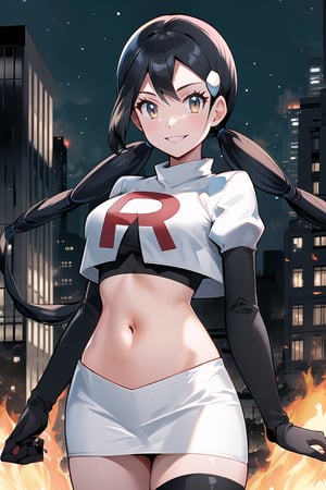 Team Rocket, cropped jacket, white jacket, crop top, jacket, gloves, black gloves, elbow gloves, navel, midriff, white skirt, miniskirt, skirt, black thighhigh boots,military_uniform,looking at viewer, city, night, sky, (intricately detailed, hyperdetailed), burning building background,depth of field, best quality, masterpiece, intricate details, tonemapping, sharp focus, hyper detailed, trending on Artstation,1 girl, high res, official art,evil smile,Candice_PKM,twintails,hair_ties