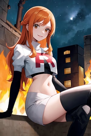 Team Rocket, cropped jacket, white jacket, crop top, jacket, gloves, black gloves, elbow gloves, navel, midriff, white skirt, miniskirt, skirt, black thighhigh boots,military_uniform,looking at viewer, city, night, sky, (intricately detailed, hyperdetailed), burning building background,depth of field, best quality, masterpiece, intricate details, tonemapping, sharp focus, hyper detailed, trending on Artstation,1 girl, high res, official art,evil smile,crossed_legs_(sitting),namipostn,orange_hair,brown_eyes,long_hair,nami \(one piece\)