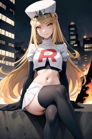 Team Rocket, cropped jacket, white jacket, crop top, jacket, gloves, black gloves, elbow gloves, navel, midriff, white skirt, miniskirt, skirt, black thighhigh boots,military_uniform,white_military_hat,looking at viewer, city, night, sky, (intricately detailed, hyperdetailed), burning building background,depth of field, best quality, masterpiece, intricate details, tonemapping, sharp focus, hyper detailed, trending on Artstation,1 girl, high res, official art,evil smile,crossed_legs_(sitting),mythradef, tiara, earrings,yellow_eyes