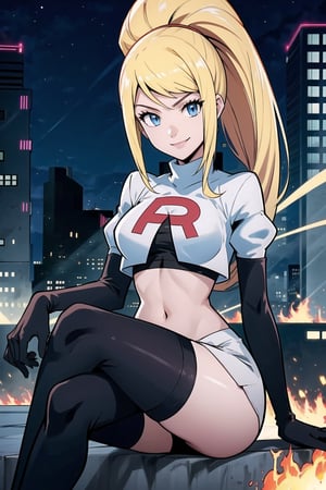 Team Rocket, cropped jacket, white jacket, crop top, jacket, gloves, black gloves, elbow gloves, navel, midriff, white skirt, miniskirt, skirt, black thighhigh boots,military_uniform,looking at viewer, city, night, sky, (intricately detailed, hyperdetailed), burning building background,depth of field, best quality, masterpiece, intricate details, tonemapping, sharp focus, hyper detailed, trending on Artstation,1 girl, high res, official art,evil smile,sitting_down,crossed_legs_(sitting),samus aran,ponytail, hair tie,blond_hair,blue_eyes