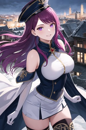 elbow gloves, white skirt, miniskirt, skirt, black thighhigh boots,white_military_uniform,white_military_hat,long white elbow gloves,sleeveless ,no_sleeves,shoulder_cape,looking at viewer, city, night, sky, (intricately detailed, hyperdetailed), frozen building background,depth of field, best quality, masterpiece, intricate details, tonemapping, sharp focus, hyper detailed, trending on Artstation,1 girl, high res, official art,evil smile,purple_eyes,IVY FE,purple-hair