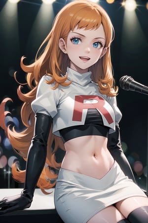 Team Rocket, cropped jacket, white jacket, crop top, jacket, gloves, black gloves, elbow gloves, navel, midriff, white skirt, miniskirt, skirt, black thighhigh boots,military_uniform,looking at viewer, (intricately detailed, hyperdetailed),holding_microphone,singing,on_stage ,concert background,depth of field, best quality, masterpiece, intricate details, tonemapping, sharp focus, hyper detailed, trending on Artstation,1 girl, high res, official art,evil smile,crossed_legs_(sitting), annette_war,orange_hair,long_hair