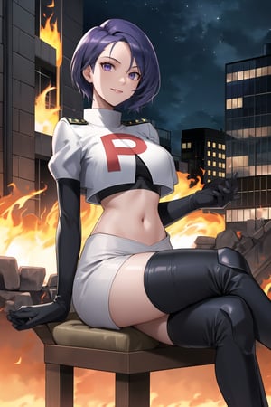 Team Rocket, cropped jacket, white jacket, crop top, jacket, gloves, black gloves, elbow gloves, navel, midriff, white skirt, miniskirt, skirt, black thighhigh boots,military_uniform,looking at viewer, city, night, sky, (intricately detailed, hyperdetailed), burning building background,depth of field, best quality, masterpiece, intricate details, tonemapping, sharp focus, hyper detailed, trending on Artstation,1 girl, high res, official art,sitting_down,crossed_legs_(sitting),evil smile,defShamir, purple_eyes,short_hair