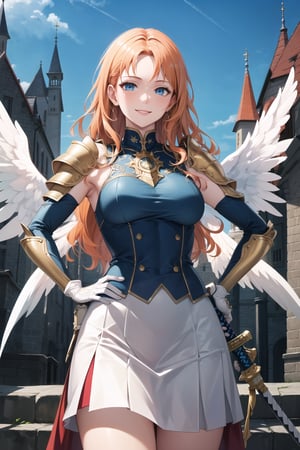 golden_armour,angel_wings,flying,holding_katana,shoulder_armour,Valkyare_armour,heroine,elbow gloves, white skirt, white_gloves,miniskirt, skirt,long white elbow gloves,sleeveless ,no_sleeves,shoulder_cape,looking at viewer, day sky, (intricately detailed, hyperdetailed), castle building background,depth of field, best quality, masterpiece, intricate details, tonemapping, sharp focus, hyper detailed, trending on Artstation,1 girl, high res, official art, smile,hands_on_hips,light_blue_eyes,warAnne, long hair, wavy hair,orange_hair