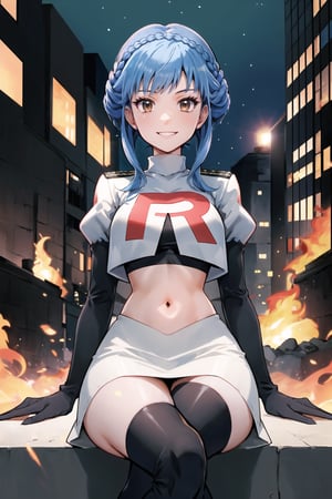 Team Rocket, cropped jacket, white jacket, crop top, jacket, gloves, black gloves, elbow gloves, navel, midriff, white skirt, miniskirt, skirt, black thighhigh boots,military_uniform,looking at viewer, city, night, sky, (intricately detailed, hyperdetailed), burning building background,depth of field, best quality, masterpiece, intricate details, tonemapping, sharp focus, hyper detailed, trending on Artstation,1 girl, high res, official art,evil smile,crossed_legs_(sitting),marianneuniform, crown braid,blue_hair,brown_eyes