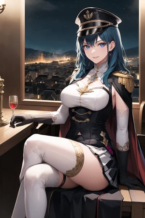 elbow gloves, white skirt, miniskirt, skirt, white_thighhigh_boots,military_uniform,military_hat,white_elbow_gloves,sleeveless ,no_sleeves,shoulder_cape,looking at viewer, city, night, sky, (intricately detailed, hyperdetailed), burning building background,depth of field, best quality, masterpiece, intricate details, tonemapping, sharp focus, hyper detailed, trending on Artstation,1 girl, high res, official art,evil smile,sitting_down,crossed_legs_(sitting),sitting_on_chair, jewelry,FEMBYLETH