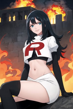 Team Rocket, cropped jacket, white jacket, crop top, jacket, gloves, black gloves, elbow gloves, navel, midriff, white skirt, miniskirt, skirt, black thighhigh boots,military_uniform,looking at viewer, city, night, sky, (intricately detailed, hyperdetailed), burning building background,depth of field, best quality, masterpiece, intricate details, tonemapping, sharp focus, hyper detailed, trending on Artstation,1 girl, high res, official art,evil smile,crossed_legs_(sitting),nicorob,  black_hair,blue_eyes