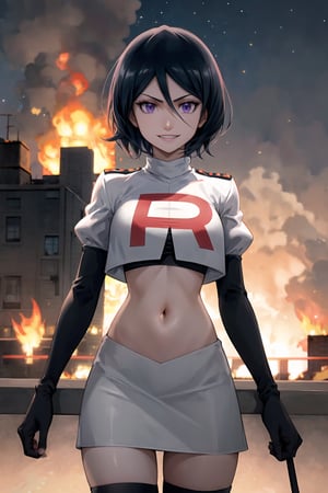 Team Rocket, cropped jacket, white jacket, crop top, jacket, gloves, black gloves, elbow gloves, navel, midriff, white skirt, miniskirt, skirt, black thighhigh boots,military_uniform,looking at viewer, city, night, sky, (intricately detailed, hyperdetailed), burning building background,depth of field, best quality, masterpiece, intricate details, tonemapping, sharp focus, hyper detailed, trending on Artstation,1 girl, high res, official art,evil smile,Rukia, black hair, short hair, hair between eyes, purple eyes