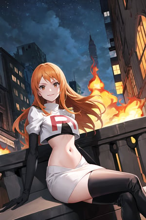 Team Rocket, cropped jacket, white jacket, crop top, jacket, gloves, black gloves, elbow gloves, navel, midriff, white skirt, miniskirt, skirt, black thighhigh boots,military_uniform,looking at viewer, city, night, sky, (intricately detailed, hyperdetailed), burning building background,depth of field, best quality, masterpiece, intricate details, tonemapping, sharp focus, hyper detailed, trending on Artstation,1 girl, high res, official art,evil smile,crossed_legs_(sitting),namipostn,orange_hair,brown_eyes,long_hair,nami \(one piece\)