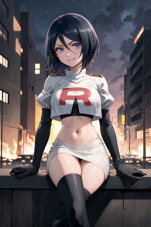 Team Rocket, cropped jacket, white jacket, crop top, jacket, gloves, black gloves, elbow gloves, navel, midriff, white skirt, miniskirt, skirt, black thighhigh boots,military_uniform,looking at viewer, city, night, sky, (intricately detailed, hyperdetailed), burning building background,depth of field, best quality, masterpiece, intricate details, tonemapping, sharp focus, hyper detailed, trending on Artstation,1 girl, high res, official art,evil smile,crossed_legs_(sitting),Rukia, black hair, short hair, hair between eyes, purple eyes