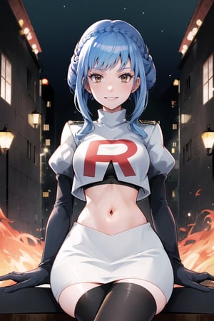 Team Rocket, cropped jacket, white jacket, crop top, jacket, gloves, black gloves, elbow gloves, navel, midriff, white skirt, miniskirt, skirt, black thighhigh boots,military_uniform,looking at viewer, city, night, sky, (intricately detailed, hyperdetailed), burning building background,depth of field, best quality, masterpiece, intricate details, tonemapping, sharp focus, hyper detailed, trending on Artstation,1 girl, high res, official art,evil smile,crossed_legs_(sitting),marianneuniform, crown braid,blue_hair,brown_eyes