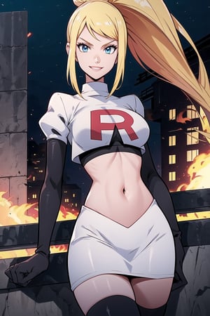 Team Rocket, cropped jacket, white jacket, crop top, jacket, gloves, black gloves, elbow gloves, navel, midriff, white skirt, miniskirt, skirt, black thighhigh boots,military_uniform,looking at viewer, city, night, sky, (intricately detailed, hyperdetailed), burning building background,depth of field, best quality, masterpiece, intricate details, tonemapping, sharp focus, hyper detailed, trending on Artstation,1 girl, high res, official art,evil smile,samus aran,ponytail, hair tie,blond_hair,blue_eyes