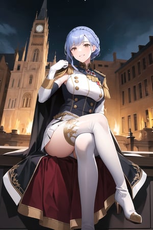 elbow gloves, white skirt, miniskirt, skirt, white_thighhigh_boots,military_uniform,military_hat,white_elbow_gloves,sleeveless ,no_sleeves,shoulder_cape,looking at viewer, city, night, sky, (intricately detailed, hyperdetailed), burning building background,depth of field, best quality, masterpiece, intricate details, tonemapping, sharp focus, hyper detailed, trending on Artstation,1 girl, high res, official art,evil smile,sitting_down,crossed_legs_(sitting),sitting_on_chair, jewelry,marianneuniform, crown braid,blue_hair,brown_eyes