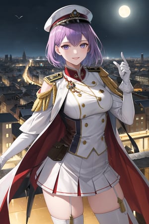 elbow gloves, white skirt, miniskirt, skirt, black thighhigh boots,white_gloves,white_military_uniform,white_military_hat,long white elbow gloves,sleeveless ,no_sleeves,shoulder_cape,looking at viewer, city, night, sky, (intricately detailed, hyperdetailed), frozen building background,depth of field, best quality, masterpiece, intricate details, tonemapping, sharp focus, hyper detailed, trending on Artstation,1 girl, high res, official art,evil smile,grey_eyes,purple-hair,defBernie,short_hair