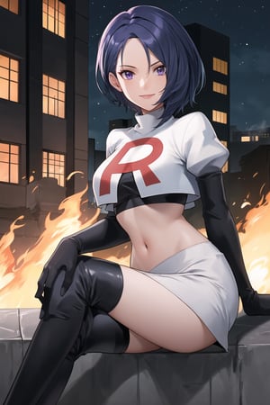 Team Rocket, cropped jacket, white jacket, crop top, jacket, gloves, black gloves, elbow gloves, navel, midriff, white skirt, miniskirt, skirt, black thighhigh boots,military_uniform,looking at viewer, city, night, sky, (intricately detailed, hyperdetailed), burning building background,depth of field, best quality, masterpiece, intricate details, tonemapping, sharp focus, hyper detailed, trending on Artstation,1 girl, high res, official art,sitting_down,crossed_legs_(sitting),evil smile,defShamir, purple_eyes,short_hair