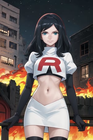 Team Rocket, cropped jacket, white jacket, crop top, jacket, gloves, black gloves, elbow gloves, navel, midriff, white skirt, miniskirt, skirt, black thighhigh boots,military_uniform,looking at viewer, city, night, sky, (intricately detailed, hyperdetailed), burning building background,depth of field, best quality, masterpiece, intricate details, tonemapping, sharp focus, hyper detailed, trending on Artstation,1 girl, high res, official art,evil smile,nicorob,  black_hair,blue_eyes