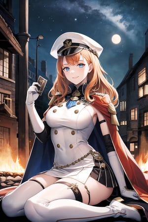 elbow gloves, white skirt, miniskirt, skirt, white_thighhigh_boots,military_uniform,military_hat,long white elbow gloves,sleeveless ,no_sleeves,shoulder_cape,looking at viewer, city, night, sky, (intricately detailed, hyperdetailed), burning building background,depth of field, best quality, masterpiece, intricate details, tonemapping, sharp focus, hyper detailed, trending on Artstation,1 girl, high res, official art,evil smile,crossed_legs_(sitting),light_blue_eyes,warAnne, long hair, wavy hair,orange_hair