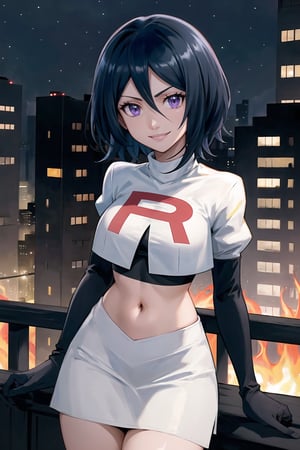 Team Rocket, cropped jacket, white jacket, crop top, jacket, gloves, black gloves, elbow gloves, navel, midriff, white skirt, miniskirt, skirt, black thighhigh boots,military_uniform,looking at viewer, city, night, sky, (intricately detailed, hyperdetailed), burning building background,depth of field, best quality, masterpiece, intricate details, tonemapping, sharp focus, hyper detailed, trending on Artstation,1 girl, high res, official art,evil smile,Rukia, black hair, short hair, hair between eyes, purple eyes