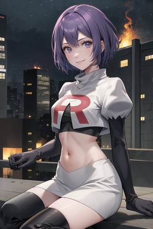 Team Rocket, cropped jacket, white jacket, crop top, jacket, gloves, black gloves, elbow gloves, navel, midriff, white skirt, miniskirt, skirt, black thighhigh boots,looking at viewer, city, night, sky, (intricately detailed, hyperdetailed), burning building background,depth of field, best quality, masterpiece, intricate details, tonemapping, sharp focus, hyper detailed, trending on Artstation,1 girl, high res, official art,evil smile,crossed_legs_(sitting),warBernie,purple_hair