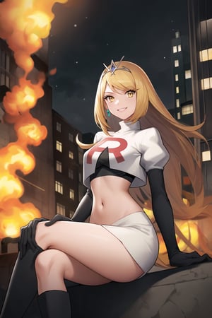 Team Rocket, cropped jacket, white jacket, crop top, jacket, gloves, black gloves, elbow gloves, navel, midriff, white skirt, miniskirt, skirt, black thighhigh boots,military_uniform,looking at viewer, city, night, sky, (intricately detailed, hyperdetailed), burning building background,depth of field, best quality, masterpiece, intricate details, tonemapping, sharp focus, hyper detailed, trending on Artstation,1 girl, high res, official art,evil smile,crossed_legs_(sitting),mythradef, tiara, earrings,yellow_eyes,blond_hair