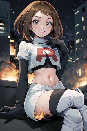 Team Rocket, cropped jacket, white jacket, crop top, jacket, gloves, black gloves, elbow gloves, navel, midriff, white skirt, miniskirt, skirt, black thighhigh boots,military_uniform,looking at viewer, city, night, sky, (intricately detailed, hyperdetailed), burning building background,depth of field, best quality, masterpiece, intricate details, tonemapping, sharp focus, hyper detailed, trending on Artstation,1 girl, high res, official art,evil smile,crossed_legs_(sitting),hmochako, short hair,brown_hair,brown_eyes