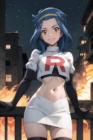 Team Rocket, cropped jacket, white jacket, crop top, jacket, gloves, black gloves, elbow gloves, navel, midriff, white skirt, miniskirt, skirt, black thighhigh boots,military_uniform,looking at viewer, city, night, sky, (intricately detailed, hyperdetailed), burning building background,depth of field, best quality, masterpiece, intricate details, tonemapping, sharp focus, hyper detailed, trending on Artstation,1 girl, high res, official art,evil smile,Levy McGarden,blue_hair,brown_eyes