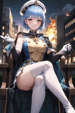 elbow gloves, white skirt, miniskirt, skirt, white_thighhigh_boots,military_uniform,military_hat,white_elbow_gloves,sleeveless ,no_sleeves,shoulder_cape,looking at viewer, city, night, sky, (intricately detailed, hyperdetailed), burning building background,depth of field, best quality, masterpiece, intricate details, tonemapping, sharp focus, hyper detailed, trending on Artstation,1 girl, high res, official art,evil smile,sitting_down,crossed_legs_(sitting),sitting_on_chair, jewelry,marianneuniform, crown braid,blue_hair,brown_eyes