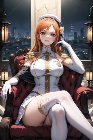 elbow gloves, white skirt, miniskirt, skirt, white_thighhigh_boots,military_uniform,military_hat,white_elbow_gloves,sleeveless ,no_sleeves,shoulder_cape,looking at viewer, city, night, sky, (intricately detailed, hyperdetailed), burning building background,depth of field, best quality, masterpiece, intricate details, tonemapping, sharp focus, hyper detailed, trending on Artstation,1 girl, high res, official art,evil smile,sitting_down,crossed_legs_(sitting),sitting_on_chair, jewelry,orange_hair,brown_eyes,long_hair, nami_(one_piece)