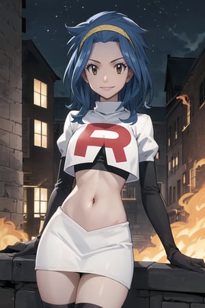 Team Rocket, cropped jacket, white jacket, crop top, jacket, gloves, black gloves, elbow gloves, navel, midriff, white skirt, miniskirt, skirt, black thighhigh boots,military_uniform,looking at viewer, city, night, sky, (intricately detailed, hyperdetailed), burning building background,depth of field, best quality, masterpiece, intricate details, tonemapping, sharp focus, hyper detailed, trending on Artstation,1 girl, high res, official art,evil smile,Levy McGarden,blue_hair,brown_eyes