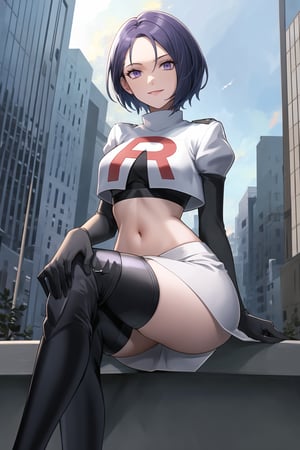 Team Rocket, cropped jacket, white jacket, crop top, jacket, gloves, black gloves, elbow gloves, navel, midriff, white skirt, miniskirt, skirt, black thighhigh boots,military_uniform,looking at viewer, city, night, sky, (intricately detailed, hyperdetailed), burning building background,depth of field, best quality, masterpiece, intricate details, tonemapping, sharp focus, hyper detailed, trending on Artstation,1 girl, high res, official art,sitting_down,crossed_legs_(sitting),evil smile,defShamir, purple_eyes,short_hair