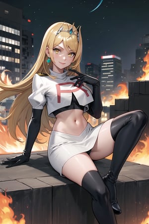 Team Rocket, cropped jacket, white jacket, crop top, jacket, gloves, black gloves, elbow gloves, navel, midriff, white skirt, miniskirt, skirt, black thighhigh boots,military_uniform,white_military_hat,looking at viewer, city, night, sky, (intricately detailed, hyperdetailed), burning building background,depth of field, best quality, masterpiece, intricate details, tonemapping, sharp focus, hyper detailed, trending on Artstation,1 girl, high res, official art,evil smile,crossed_legs_(sitting),mythradef, tiara, earrings,yellow_eyes