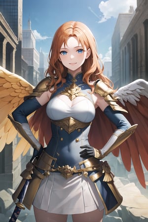 golden_armour,angel_wings,flying,holding_katana,shoulder_armour,Valkyare_armour,heroine,elbow gloves, white skirt, miniskirt, skirt,long white elbow gloves,sleeveless ,no_sleeves,shoulder_cape,looking at viewer, day sky, (intricately detailed, hyperdetailed), building background,depth of field, best quality, masterpiece, intricate details, tonemapping, sharp focus, hyper detailed, trending on Artstation,1 girl, high res, official art, smile,hands_on_hips,light_blue_eyes,warAnne, long hair, wavy hair,orange_hair