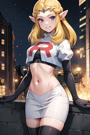 Team Rocket, cropped jacket, white jacket, crop top, jacket, gloves, black gloves, elbow gloves, navel, midriff, white skirt, miniskirt, skirt, black thighhigh boots,military_uniform,looking at viewer, city, night, sky, (intricately detailed, hyperdetailed), burning building background,depth of field, best quality, masterpiece, intricate details, tonemapping, sharp focus, hyper detailed, trending on Artstation,1 girl, high res, official art,evil smile,Ocarina of Time Zelda,blond_hair