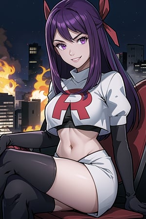 Team Rocket, cropped jacket, white jacket, crop top, jacket, gloves, black gloves, elbow gloves, navel, midriff, white skirt, miniskirt, skirt, black thighhigh boots,military_uniform,looking at viewer, city, night, sky, (intricately detailed, hyperdetailed), burning building background,depth of field, best quality, masterpiece, intricate details, tonemapping, sharp focus, hyper detailed, trending on Artstation,1 girl, high res, official art,evil smile,sitting_down,crossed_legs_(sitting),IVY FE,purple_hair,purple_eyes,long_hair