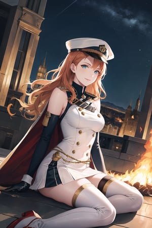 elbow gloves, white skirt, miniskirt, skirt, white_thighhigh_boots,military_uniform,military_hat,long white elbow gloves,sleeveless ,no_sleeves,shoulder_cape,looking at viewer, city, night, sky, (intricately detailed, hyperdetailed), burning building background,depth of field, best quality, masterpiece, intricate details, tonemapping, sharp focus, hyper detailed, trending on Artstation,1 girl, high res, official art,evil smile,crossed_legs_(sitting),light_blue_eyes,warAnne, long hair, wavy hair,orange_hair